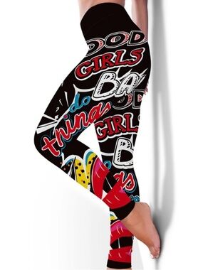 Good Girls Black Pop-Art Graphic Leggings with Red, Blue, White & Yellow Accents